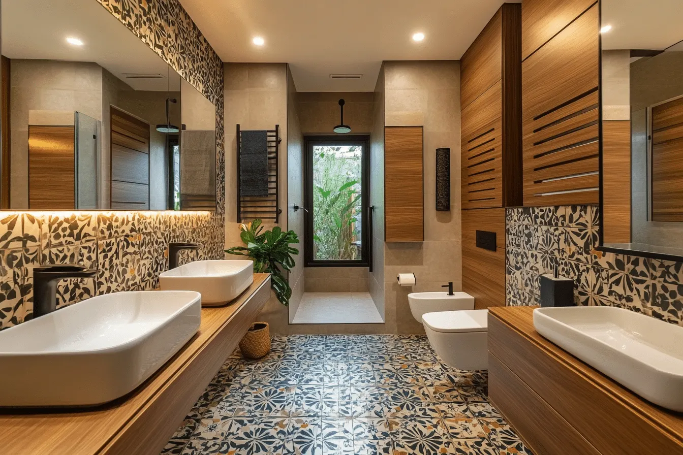 Salle de bain avec carreaux de ciment et bois : un mariage de styles pour une ambiance chaleureuse